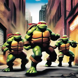 A vibrant and action-packed scene featuring the Teenage Mutant Ninja Turtles in a dynamic battle pose