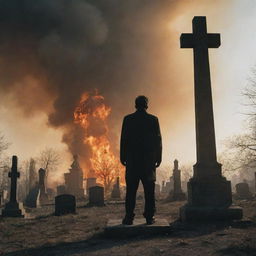 A haunting image of a decaying man standing defiant in a cemetery post-nuclear explosion. The world around him is ablaze, creating a stark backdrop to his morbid silhouette.