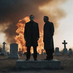 A haunting image of a decaying man standing defiant in a cemetery post-nuclear explosion. The world around him is ablaze, creating a stark backdrop to his morbid silhouette.