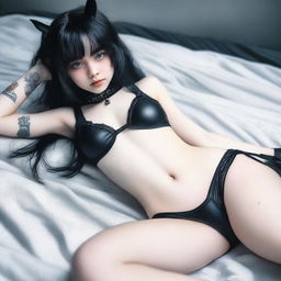 A 16-year-old girl in a goth bikini lying on her stomach with her feet up