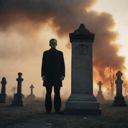 A haunting image of a decaying man standing defiant in a cemetery post-nuclear explosion. The world around him is ablaze, creating a stark backdrop to his morbid silhouette.