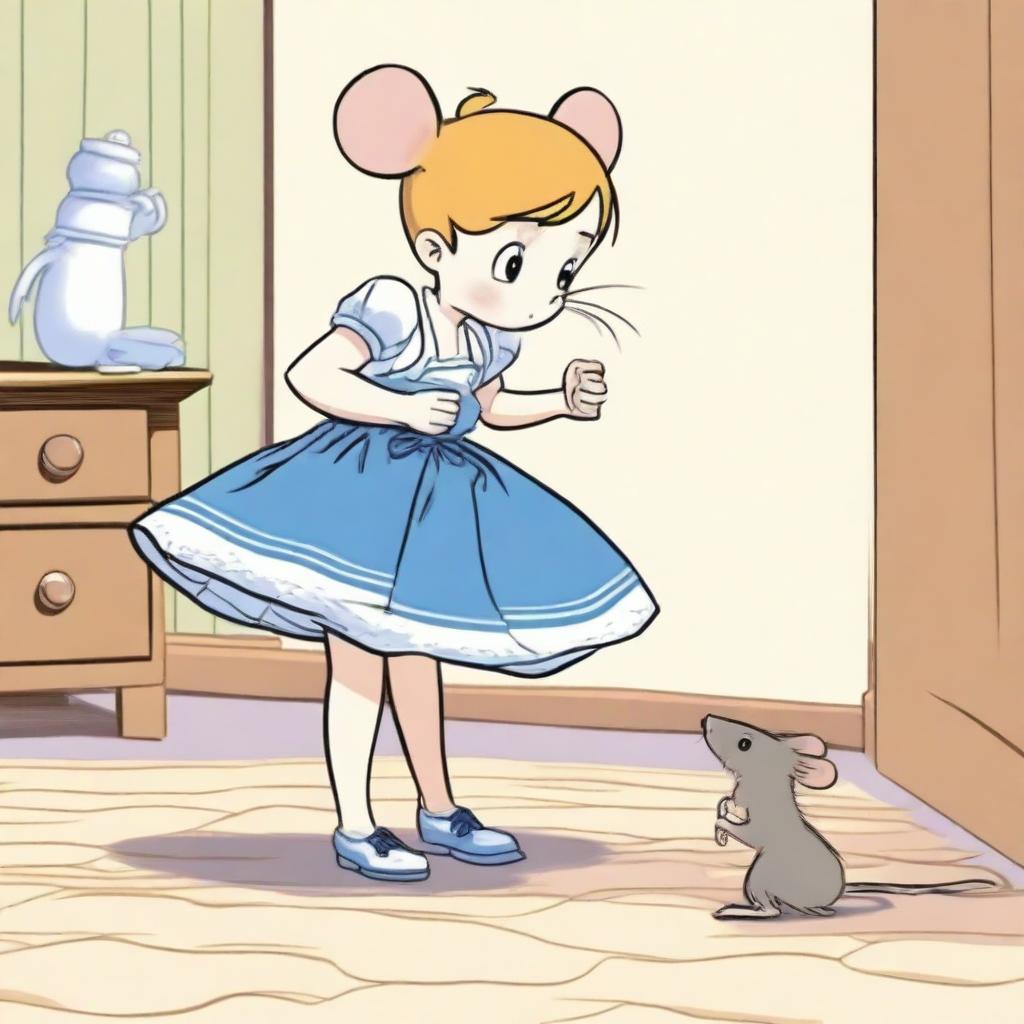 A girl in a skirt bending over, revealing her underwear, while a mouse is seen going into her dress