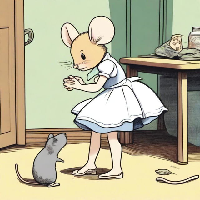 A girl in a skirt bending over, revealing her underwear, while a mouse is seen going into her dress