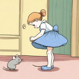 A girl in a skirt bending over, revealing her underwear, while a mouse is seen going into her dress