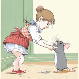 A girl in a skirt bending over, revealing her underwear, while a mouse is seen going into her dress