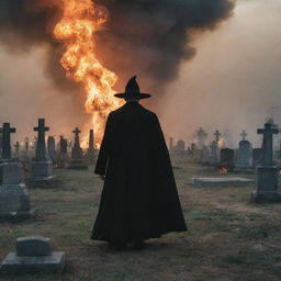 An ominous image of a witchy man standing in a cemetery as the world burns around him from a nuclear explosion. The man's sinister form contrasts eerily against the backdrop of a world on fire.