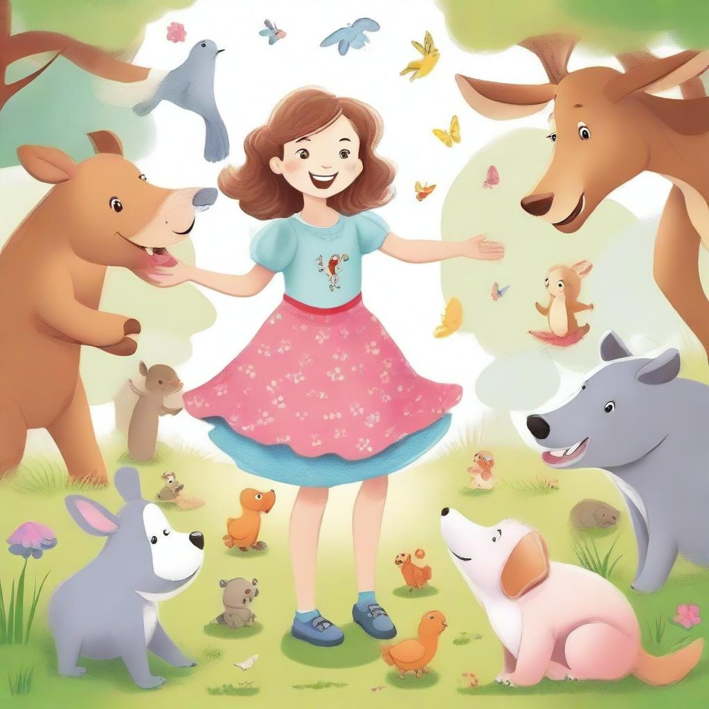 A playful scene where various animals are curiously exploring and going into a girl's clothes