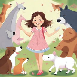 A playful scene where various animals are curiously exploring and going into a girl's clothes