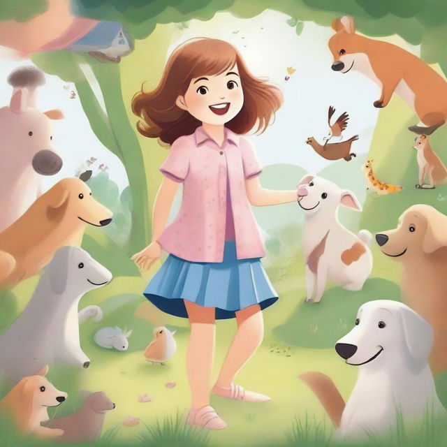 A playful scene where various animals are curiously exploring and going into a girl's clothes