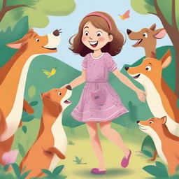 A playful scene where various animals are curiously exploring and going into a girl's clothes