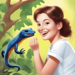 A playful scene featuring a salamander crawling up the sleeve of an attractive girl