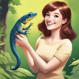 A playful scene featuring a salamander crawling up the sleeve of an attractive girl