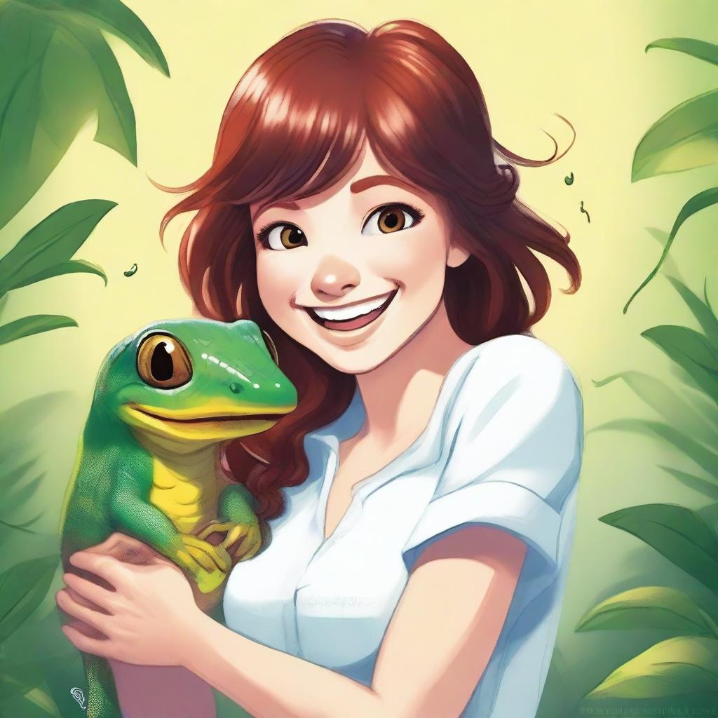 A playful scene featuring a salamander crawling up the sleeve of an attractive girl