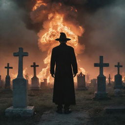 An ominous image of a witchy man standing in a cemetery as the world burns around him from a nuclear explosion. The man's sinister form contrasts eerily against the backdrop of a world on fire.