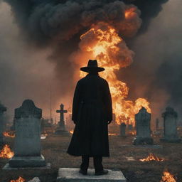 An ominous image of a witchy man standing in a cemetery as the world burns around him from a nuclear explosion. The man's sinister form contrasts eerily against the backdrop of a world on fire.