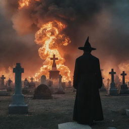 An ominous image of a witchy man standing in a cemetery as the world burns around him from a nuclear explosion. The man's sinister form contrasts eerily against the backdrop of a world on fire.