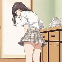 A girl in a skirt bending over, unintentionally revealing her underwear