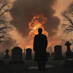 A chilling image of a wicked man silhouetted in a cemetery, as a nuclear explosion sets the world ablaze. His malevolent presence adding an extra layer of unease to the fiery cataclysm surrounding him.