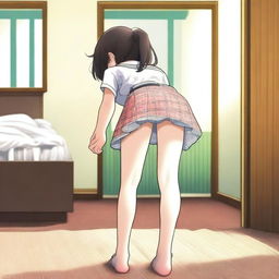 A scene featuring a girl bending over in a skirt, unintentionally revealing her underwear