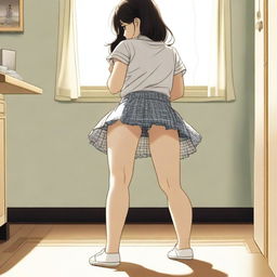 A scene featuring a girl bending over in a skirt, unintentionally revealing her underwear