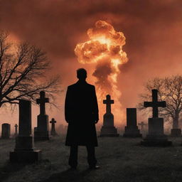 A chilling image of a wicked man silhouetted in a cemetery, as a nuclear explosion sets the world ablaze. His malevolent presence adding an extra layer of unease to the fiery cataclysm surrounding him.