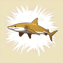 Create a t-shirt design featuring a gold-colored shark swimming in the water, shaped like a white star