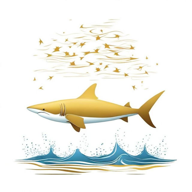 Create a t-shirt design featuring a gold-colored shark swimming in the water, shaped like a white star