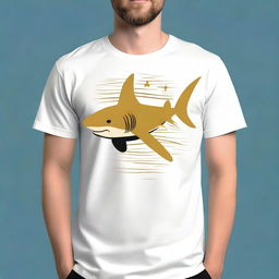 Create a t-shirt design featuring a gold-colored shark swimming in the water, shaped like a white star