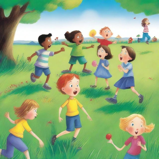 A dramatic scene from a children's book featuring a group of children in a field, suddenly surprised by an unexpected accident