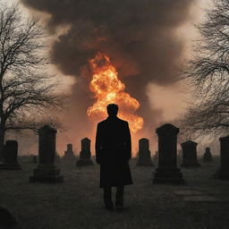 A chilling image of a wicked man silhouetted in a cemetery, as a nuclear explosion sets the world ablaze. His malevolent presence adding an extra layer of unease to the fiery cataclysm surrounding him.