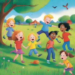 A dramatic scene from a children's book featuring a group of children in a field, suddenly surprised by an unexpected accident