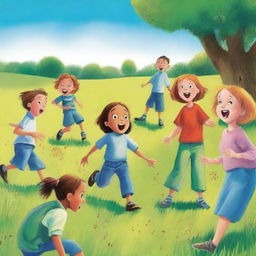 A dramatic scene from a children's book featuring a group of children in a field, suddenly surprised by an unexpected accident