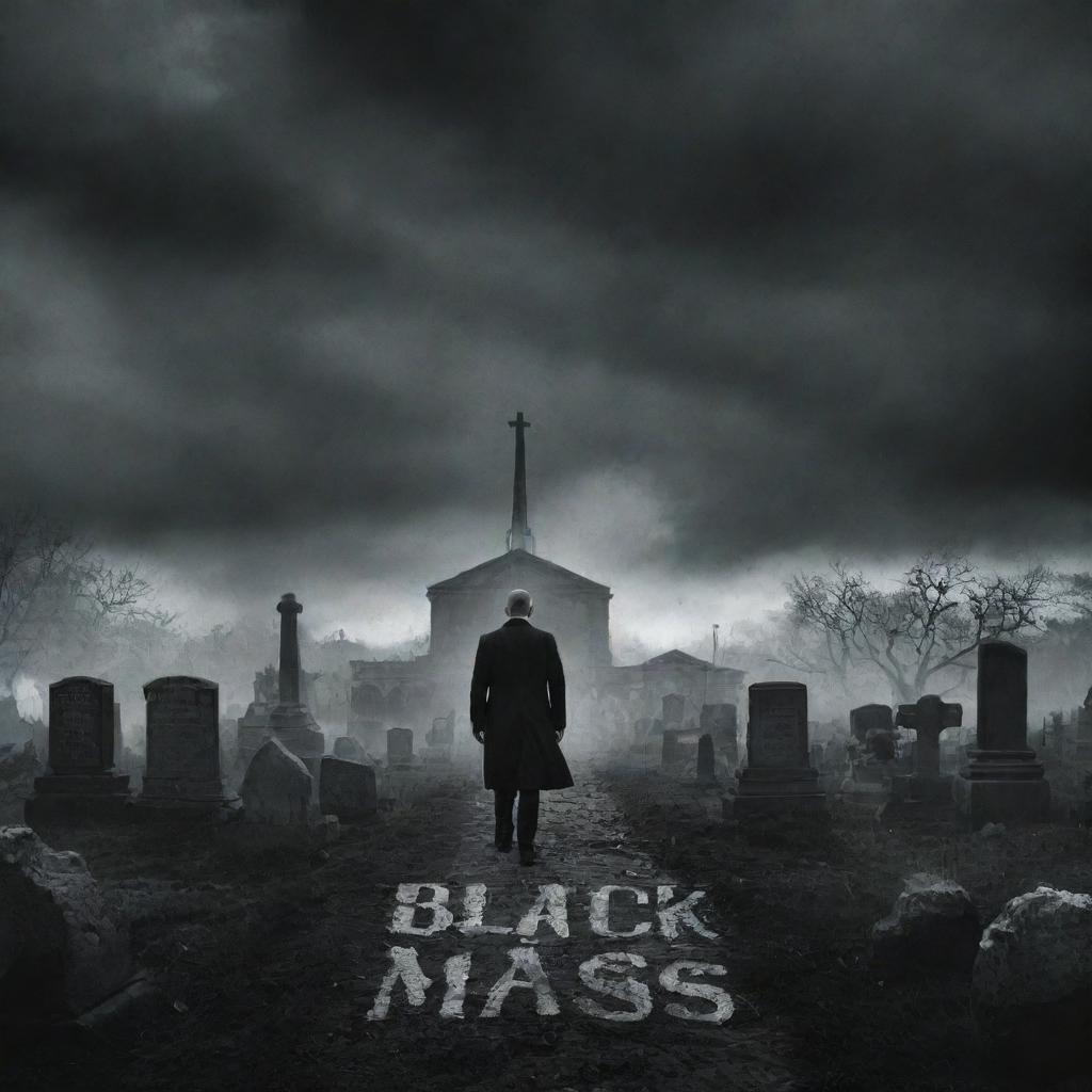 Design a compelling book cover titled 'Black Mass'. The theme should be haunting, featuring a stark cemetery scene after a nuclear explosion in the background, under a foreboding, radioactive sky.