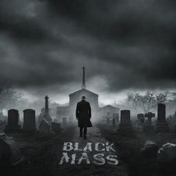 Design a compelling book cover titled 'Black Mass'. The theme should be haunting, featuring a stark cemetery scene after a nuclear explosion in the background, under a foreboding, radioactive sky.