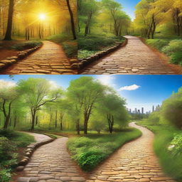 Create a series of captivating images depicting pathways leading to prosperity