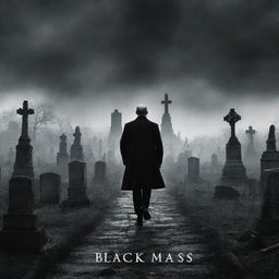 Design a compelling book cover titled 'Black Mass'. The theme should be haunting, featuring a stark cemetery scene after a nuclear explosion in the background, under a foreboding, radioactive sky.