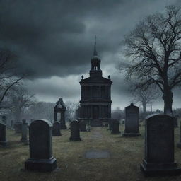 Create a haunting book cover for 'Black Mass' featuring an above-ground cemetery. The grand mausoleums, under a moody, dark sky, set the tone for the mysterious and chilling theme of the book.