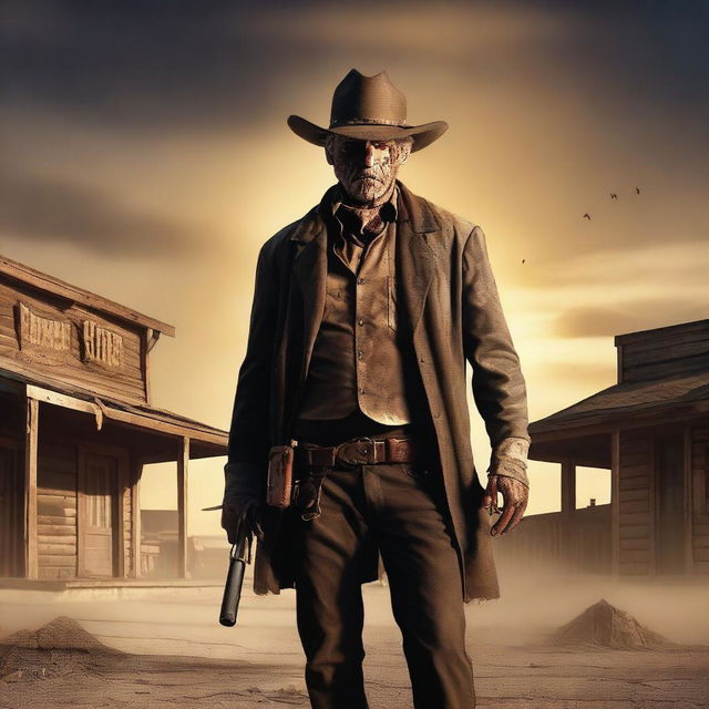 A zombie western sheriff standing in the middle of a dusty, deserted town