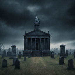 Create a haunting book cover for 'Black Mass' featuring an above-ground cemetery. The grand mausoleums, under a moody, dark sky, set the tone for the mysterious and chilling theme of the book.