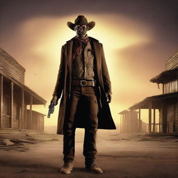 A zombie western sheriff standing in the middle of a dusty, deserted town