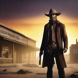 A zombie western sheriff standing in the middle of a dusty, deserted town