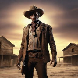 A zombie western sheriff standing in the middle of a dusty, deserted town