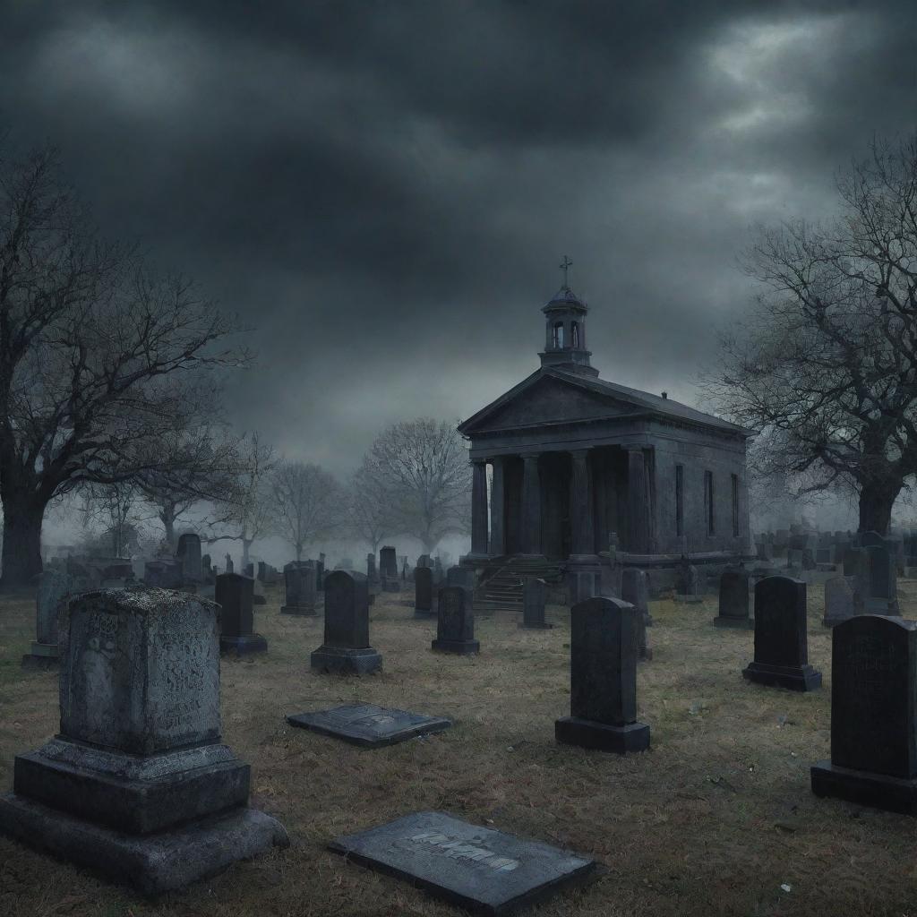 Create a haunting book cover for 'Black Mass' featuring an above-ground cemetery. The grand mausoleums, under a moody, dark sky, set the tone for the mysterious and chilling theme of the book.