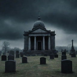 Create a haunting book cover for 'Black Mass' featuring an above-ground cemetery. The grand mausoleums, under a moody, dark sky, set the tone for the mysterious and chilling theme of the book.