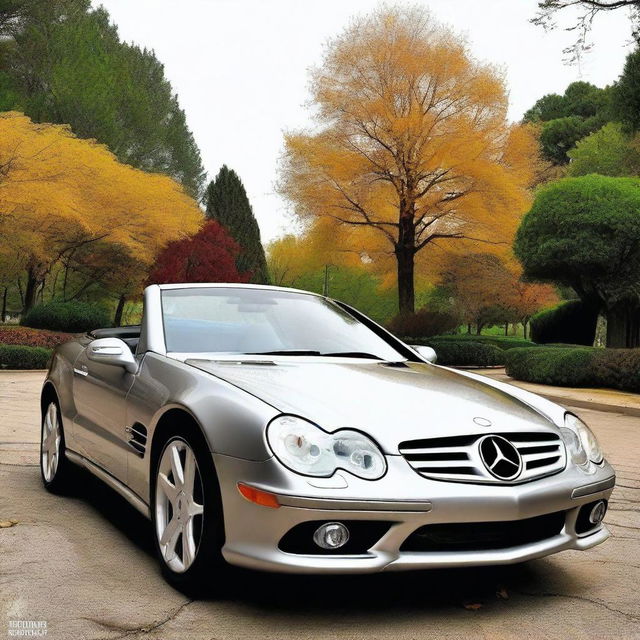 A 2004 Mercedes SL featuring round LED daytime running light headlights