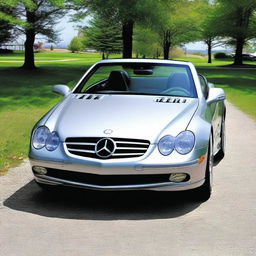 A 2004 Mercedes SL featuring round LED daytime running light headlights