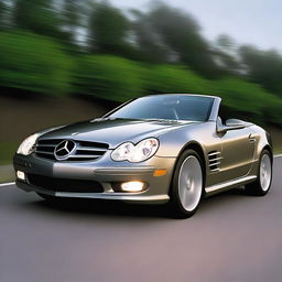 A 2004 Mercedes SL featuring round LED daytime running light headlights