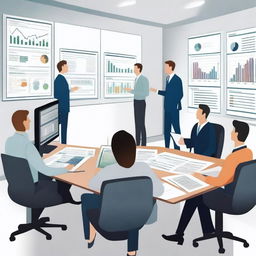 A detailed illustration of strategic management, showing business professionals in a modern office environment