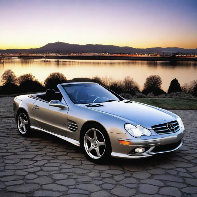 A 2004 Mercedes SL with redesigned headlights featuring modern DRL (Daytime Running Light) LED technology