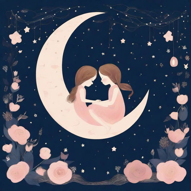 Two stylised girls are sitting and kissing on a crescent moon, surrounded by fairy lights and dark starry wallpaper